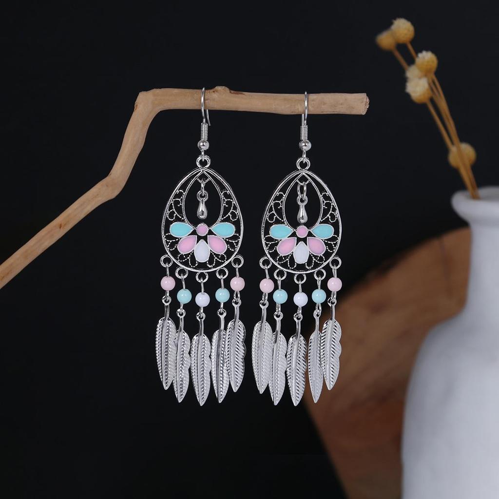 Bohemian Ethnic Oval Tassel Earrings with Beads