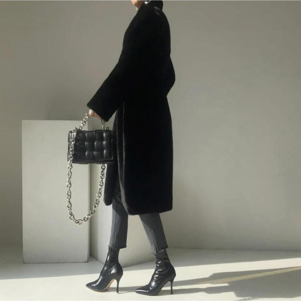 Winter Lang Schwarz Luxuriös Elegant Stilvoll Dick Warm Flauschig Zottelig Weich Faux Nerz Pelzmantel Damen Stehkragen Schärpen