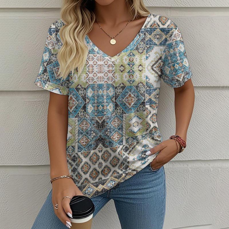 Vintage Women's T-shirt Ethnic Group Print Summer Crew Neck Short Sleeve Outdoor Casual T Shirts Female Oversized Clothing