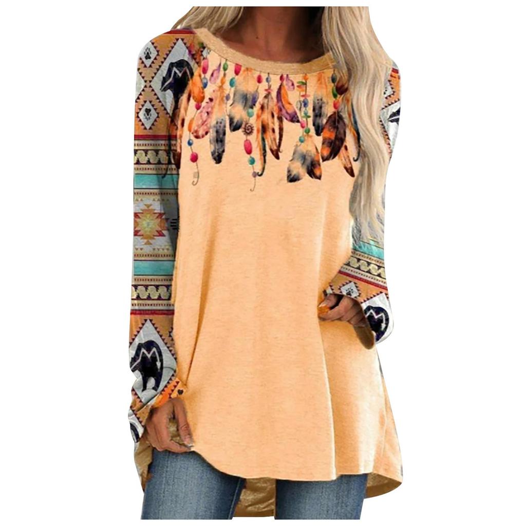 Women's Casual Fashion Creative Print Loose Round Neck Long Sleeve Tops