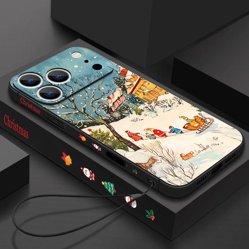 Cute Santa Claus Pattern TPU Soft Silicone Case For iPhone 17 Pro Max 16E 16 15 14 13 Pro Max 12 Pro 11 Shockproof With Lanyard Phone Cover Fundas