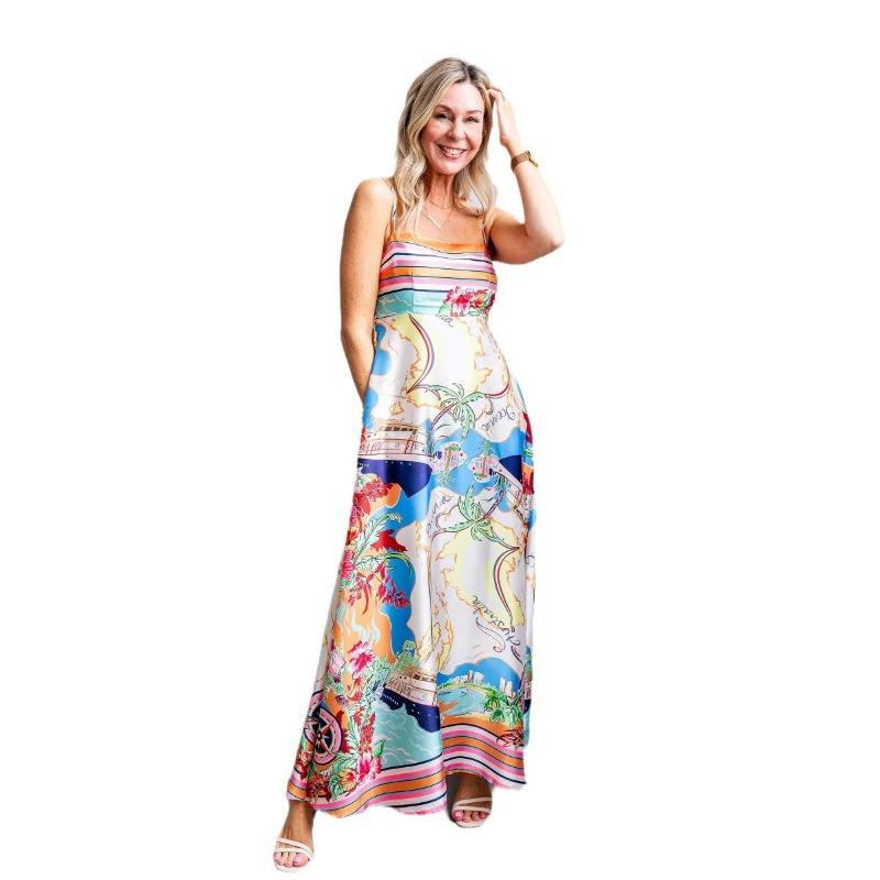Letní dámské šaty s vysokým pasem, potiskem a halterovým stylem