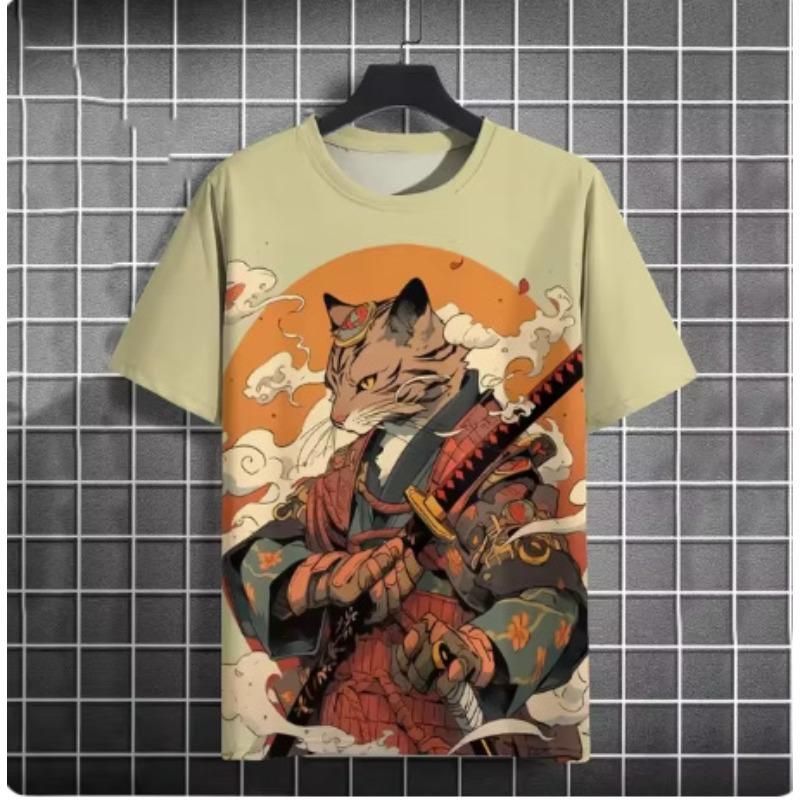 Fashionable Casual Cool Warrior Cat Pattern T-shirt Summer Men Fun Hip-hop Harajuku Street Animal Print Casual Short Sleeved T-shirt