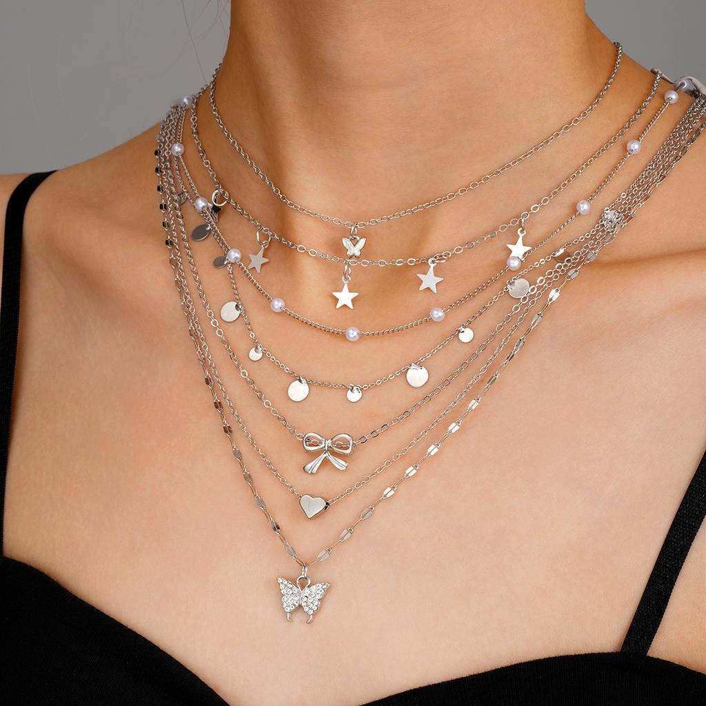 Silver Color Elegant Necklaces Set For Women Bow knot Star Butterfly Pendant Hypoallergenic Neck Chain Boho Jewelry Gifts