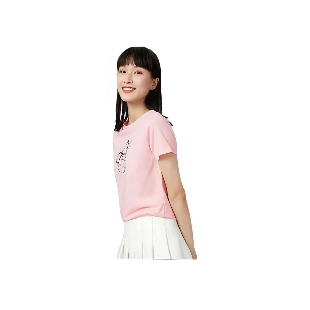 Li Ning X Disney Mickey Cartoon Print Round Neck Pullover Short Sleeve T-Shirt Women Tops Pink AHSR648-3