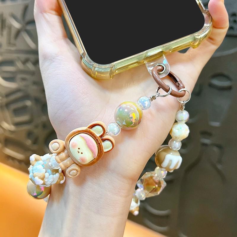 Cute Cartoon Beaded Lanyard & Wrist Strap with Keyring and Bag Charm for Little Girls