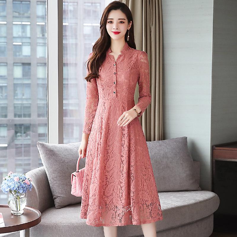New Autumn Lace Slim Fit Long-Sleeved Solid Color Plus Size Dress for Women