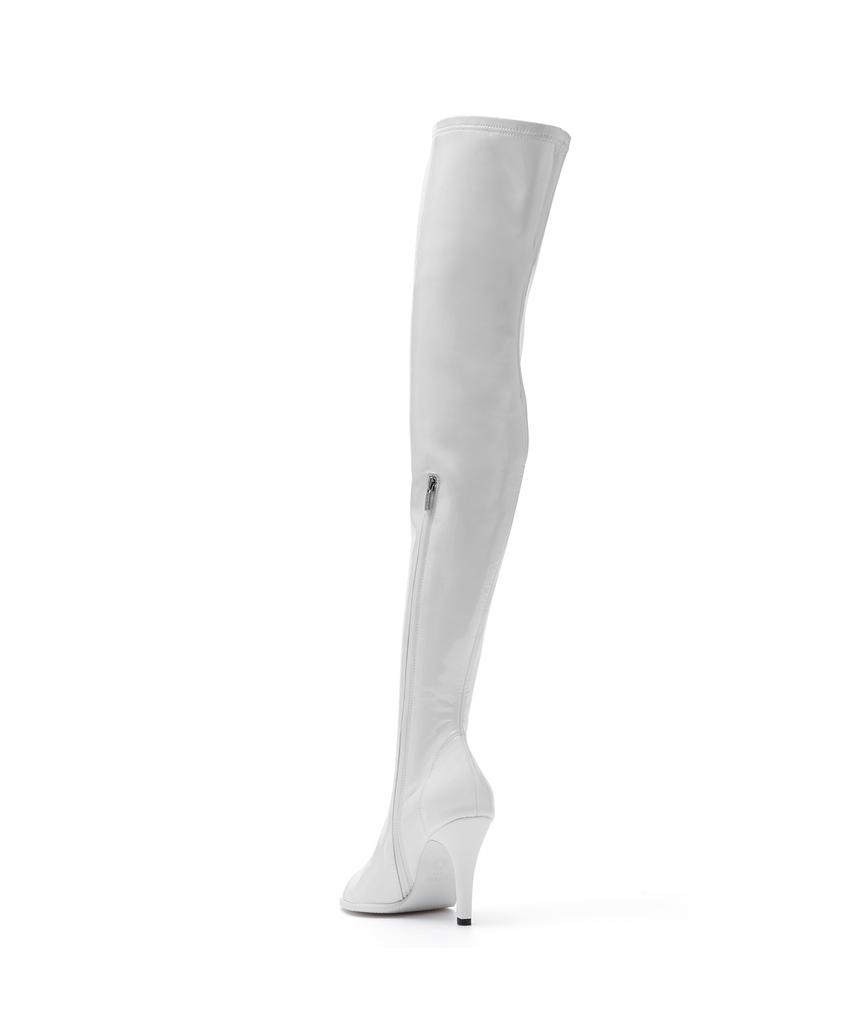 Ssimeez Thigh-High Open-Toe Heeled Boots (White Patent)