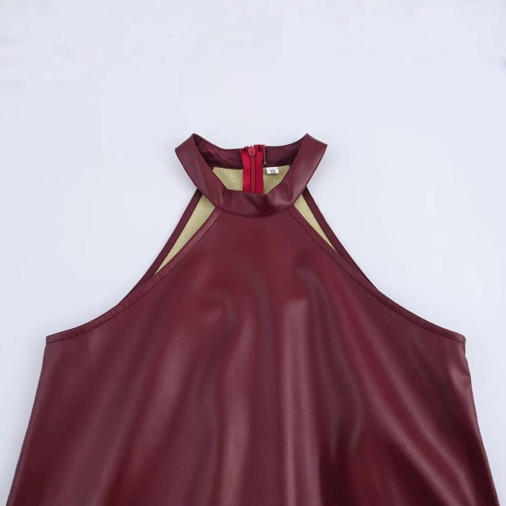 European & American Style 2025 Spring Women's Sleeveless PU Halter Dress