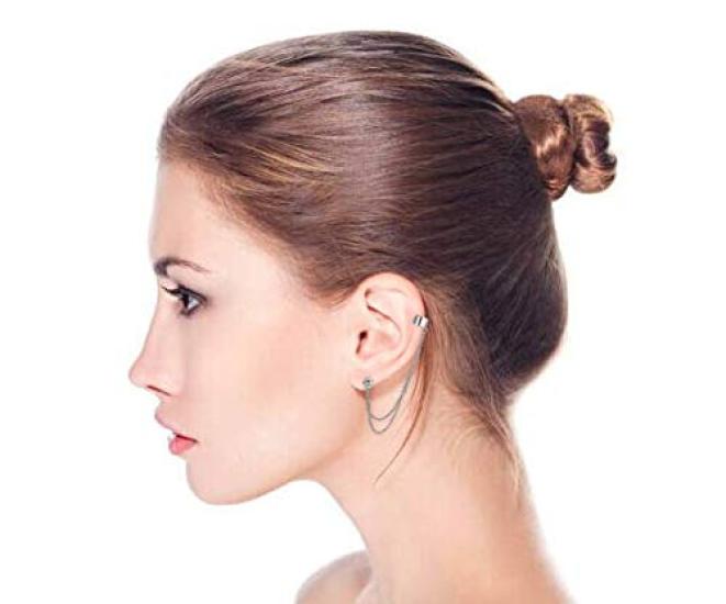 CZ Pink Gold Plated 925 Silver Asymmetrical Ear Cuff Double Chain Earrings [Bling Jewelry]