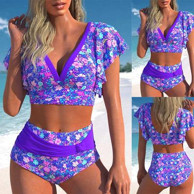 Yeni Yaz Kadın Mor Çiçek Desenli Tankini ve Şort İki Parça Mayo Bağcıklı Seksi Kısa Kollu Tasarım Plaj Seti S-5XL