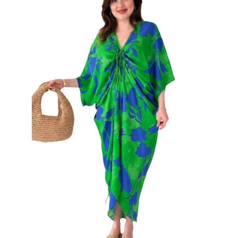 European and American spot new loose bat sleeve fashion casual printing drawstring irregular women's dress