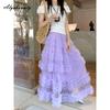 Culoare Bomboană Primăvară Vară Femei Fustă Prințesă Talie Elastică Violet Alb Negru Caisă Galben Verde Fustă cu Volane Romantice Fete Petrecere Fuste Femei