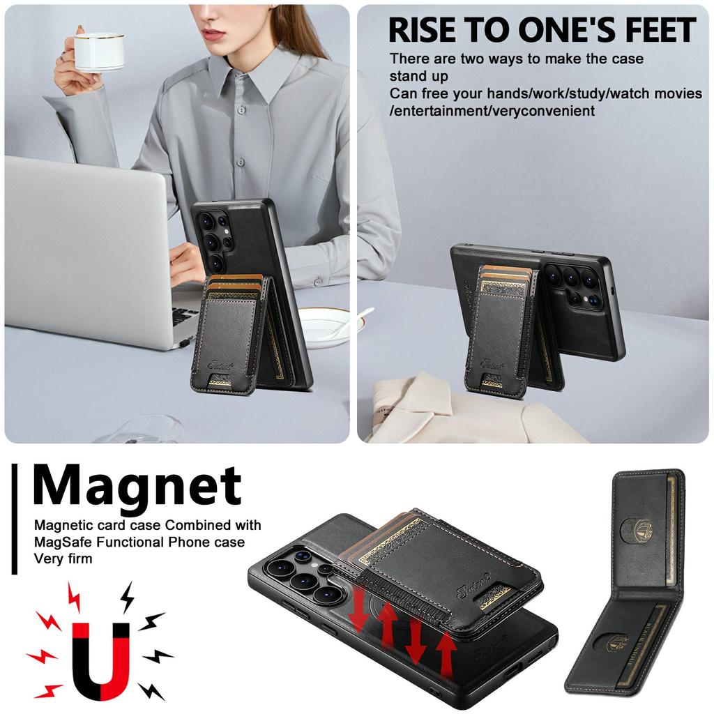SUTENI For Samsung Galaxy S25 Ultra Leather Phone Case Wallet Card Holder Magnetic Wireless Charging 2-in-1 Detachable Kickstand