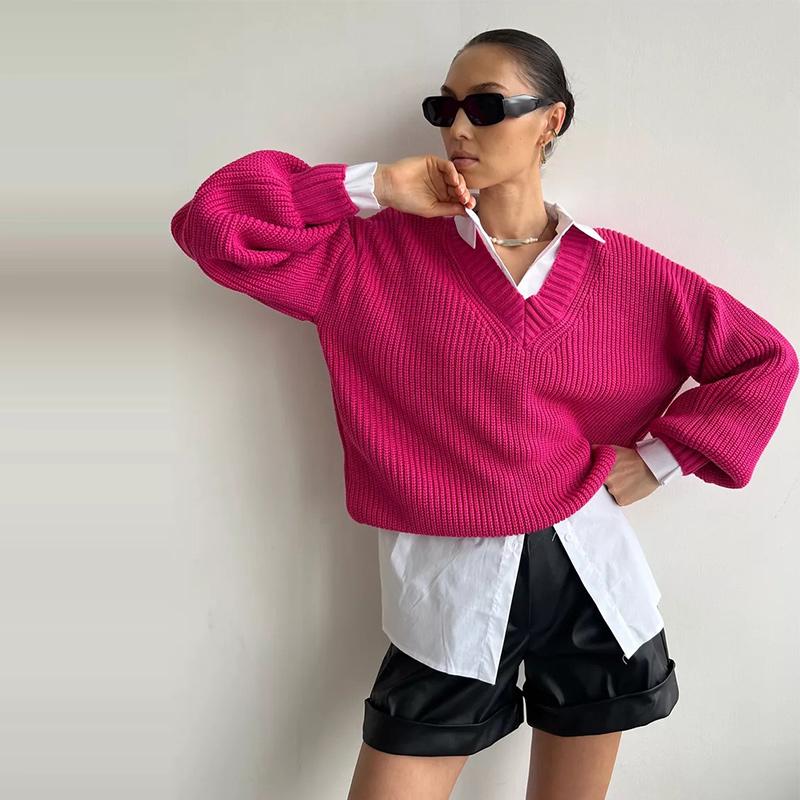 Autumn and Winter Women's Knitted Sweater Casual Pure Color Long Sleeved V-neck Pullover