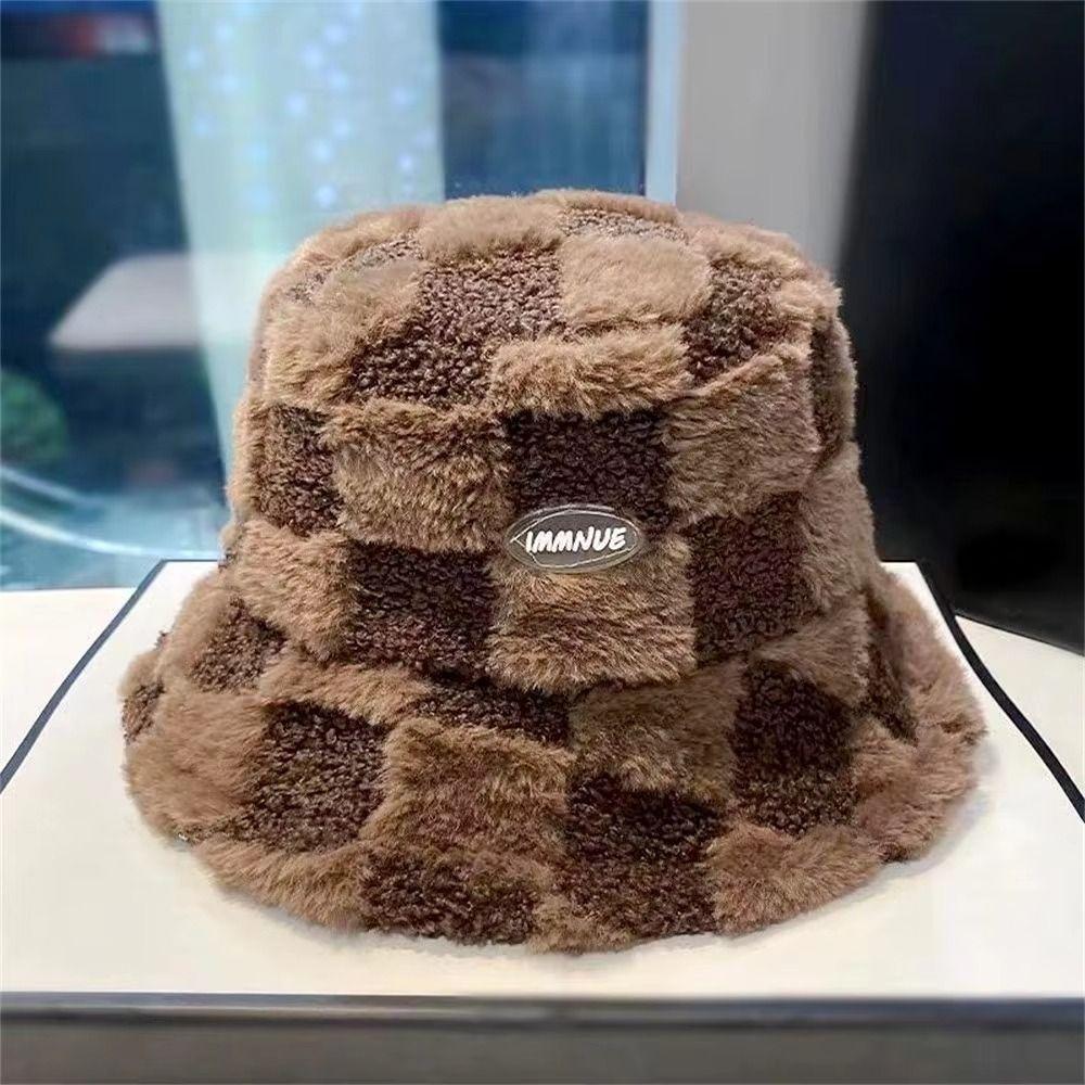 Faux Fur Women Bucket Hat Adjustable Checkered Basin Hat Lamb Wool Fisherman's Hat Autumn Winter
