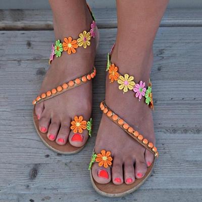 2024 Neue Sommer Damen Sandalen Zehentrenner Flats Mode Mehrfarbig Blumen Sandalen Damen Böhmisch Slipper Damen Freizeit Sandalen