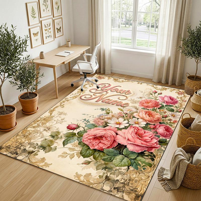 Floral Garden Theme Crystal Velvet Rug Personalized Custom Name Text Soft Floor Mat Home Decor
