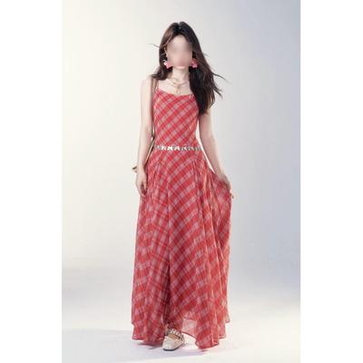 Girls' High-end Elegant Red Plaid Suspender Dress Women's Summer New Casual Temperament Waist and Thin Dress