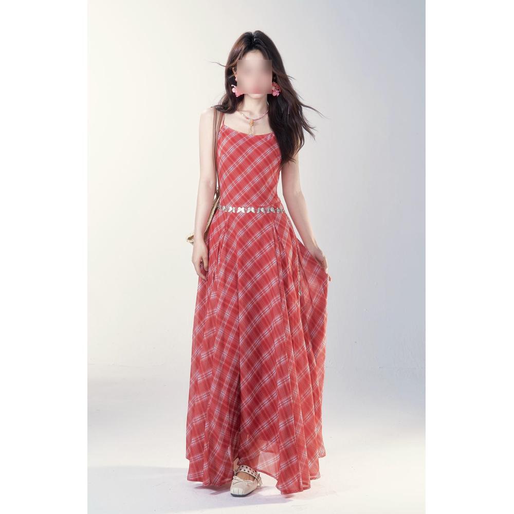 

Девочки высококлассное элегантное красное клетчатое платье на подтяжках женское летнее новое повседневное с темпераментом талия и стройнящее платье XL- (recommended 110-60kg)