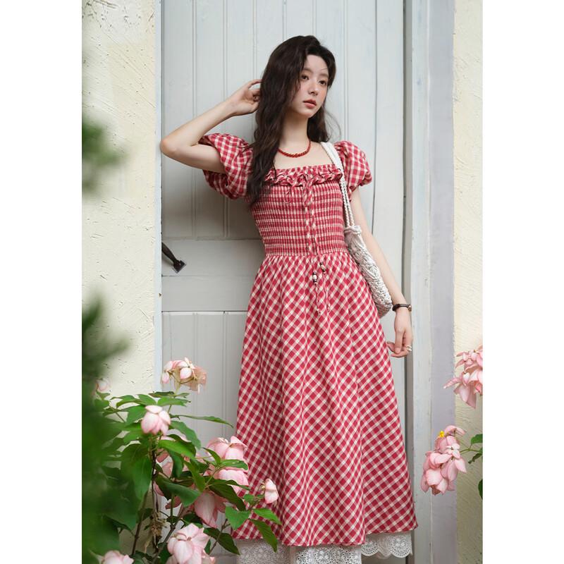 French Retro Red Plaid Midi Dress