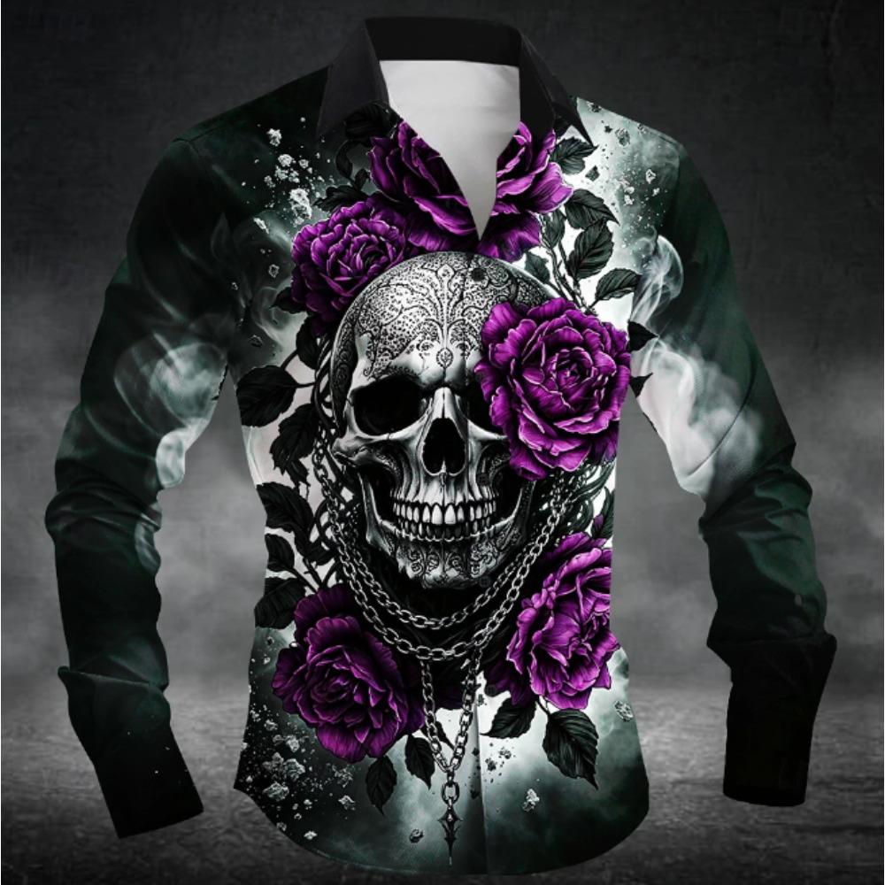Men's Halloween Skeleton Printed Long Sleeve Shirts Casual Cardigan New Button Holiday Fashion Shirts