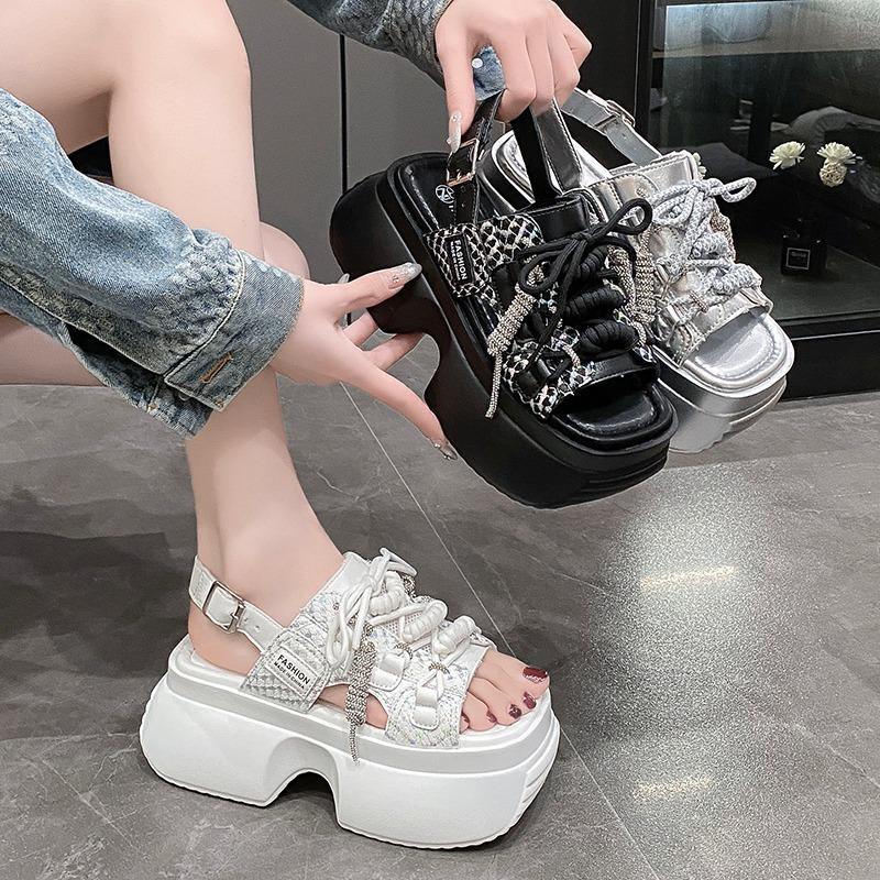 Fashion New Summer Women Leather Chunky Sandals High Platform Trainers Breathable Casual Slippers Shoes Woman 8CM Heels Wedge Sneakers