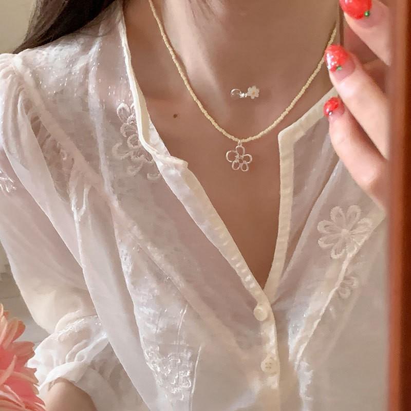 Layered Pearl Shell Heart Flower Pendant Necklace Women Gold Plated Multi-Strand Choker Chain 31-40cm Adjustable Length INS