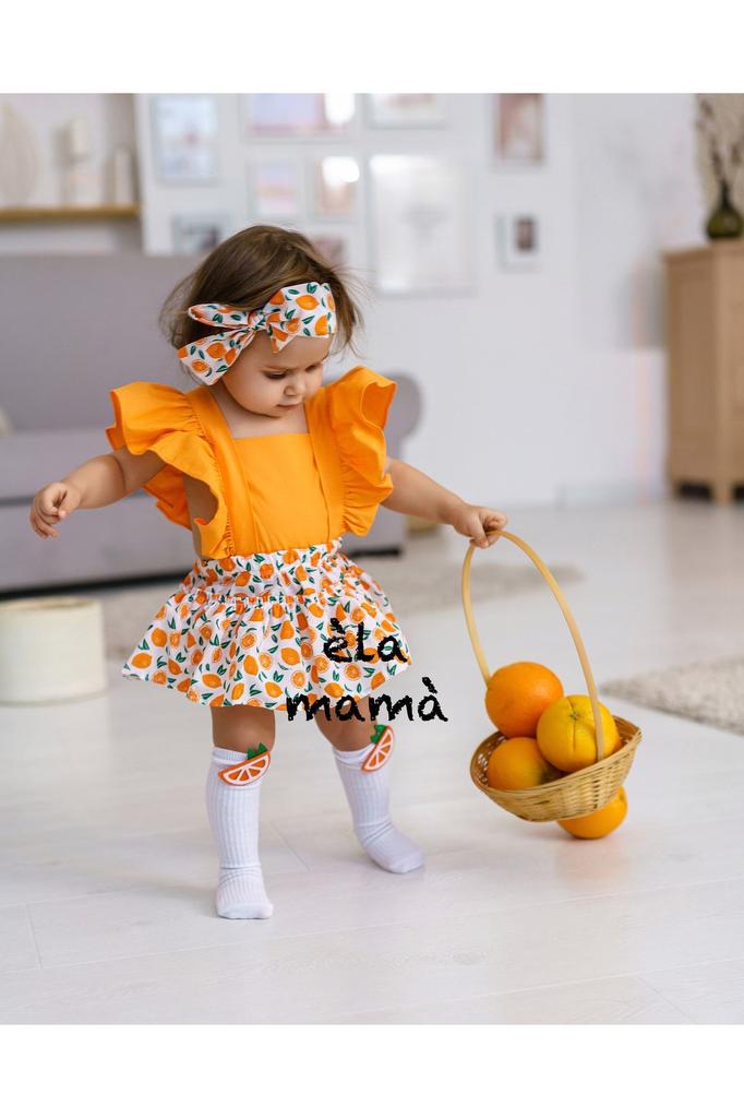 Kız Çocuk Portakal Desenli Salopet Bandana Portakal Çorap 3'lü Set