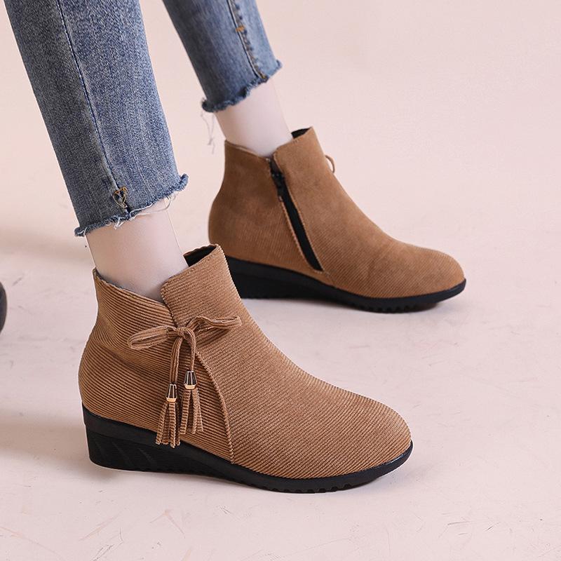 Winter new women's boots round head side zipper wedge heel women's suede large size bow solid color fashion boots