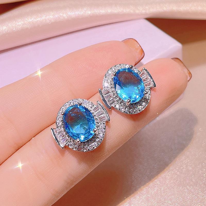Classical Blue Crystal Topaz Gemstones Diamonds Rings Pendant Necklaces 18k White Gold Filled Jewelry Sets for Women Party Gifts