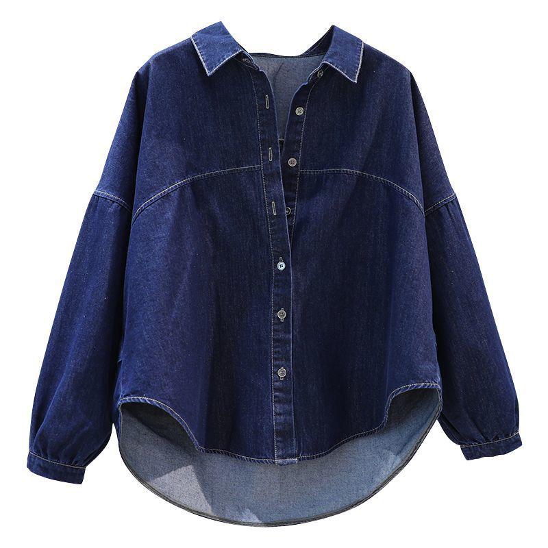 

Women s Washed Patchwork Dark Blue Denim Cardigan – Loose Fit, Long Sleeve, Versatile Outerwear 2025 M for 108-115 jin