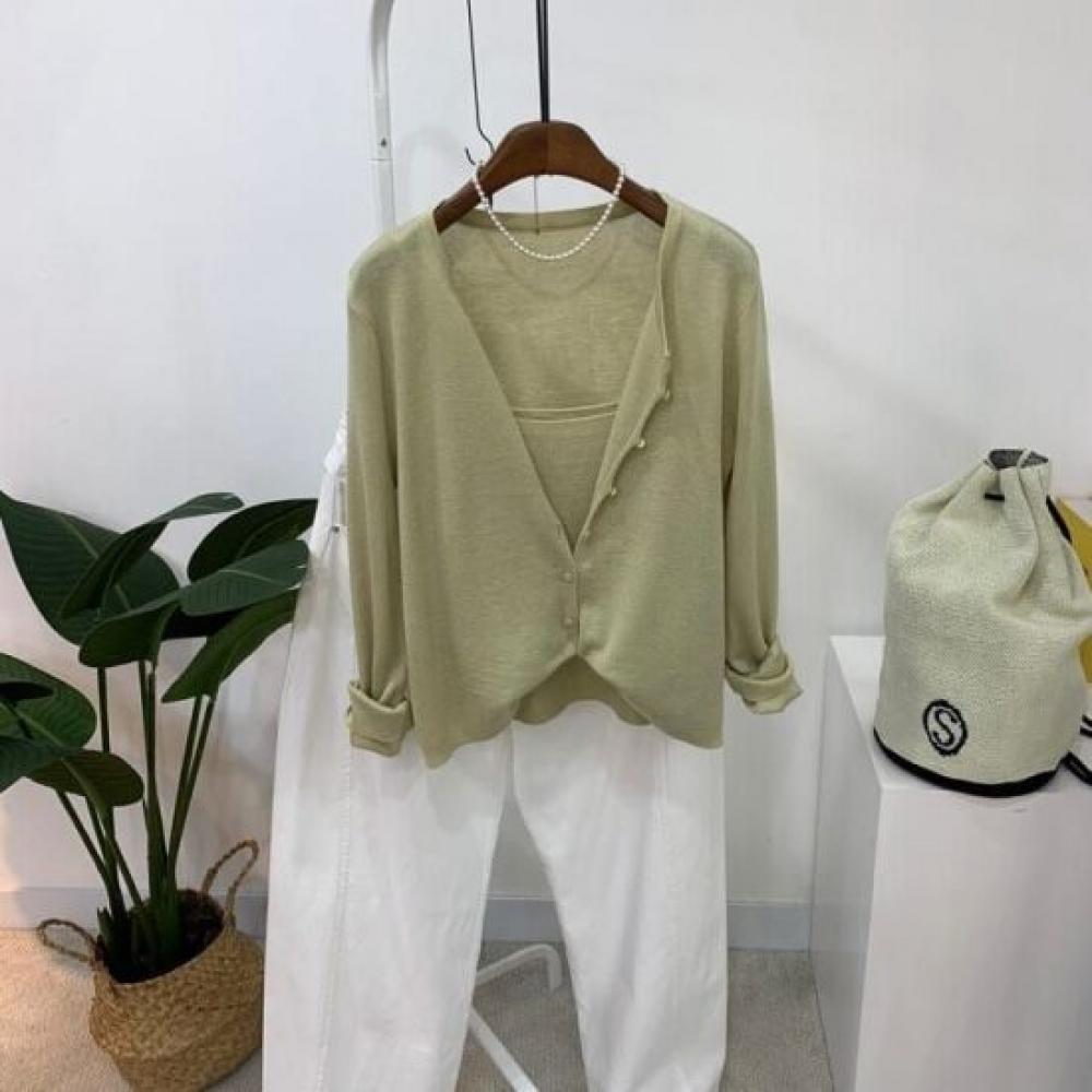 C S In The Room Hoki Long Sleeve Knit Cardigan StrIng Cami Set 3Color C