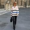 Moda Donna Casual Autunno Inverno Top Manica Lunga con Stampa a Righe Scollo a V Abbigliamento Donna Maglieria di Lana Maglioni