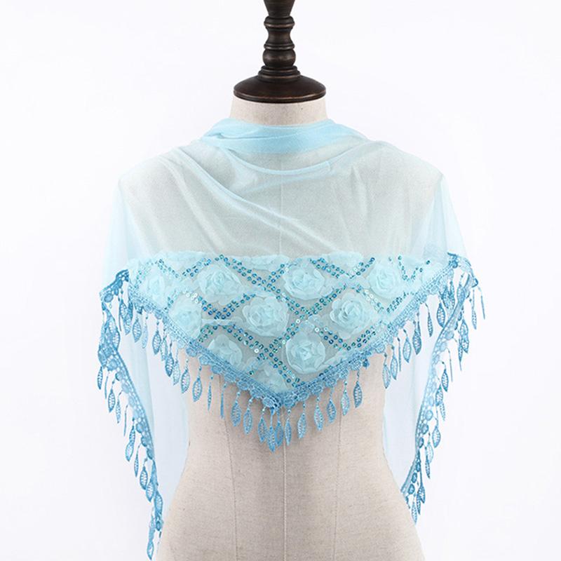 Korean Women Winter Long Neck Protection Plush Warm ShawlSolid Sequin Fragmented Flower Embroidery Lace Tassel Triangle Scarf