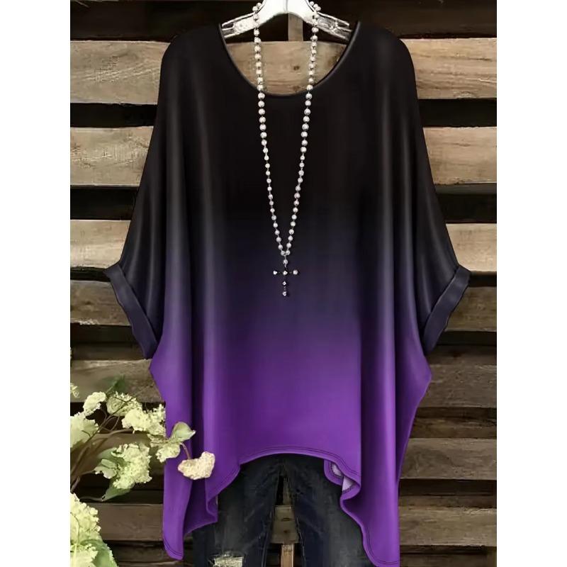 Vintage Women's T-Shirt Color Gradient Print Elegant Asymmetrical Hem O-Neck Short Sleeve Top Casual Fashion Street Outdoor Tops