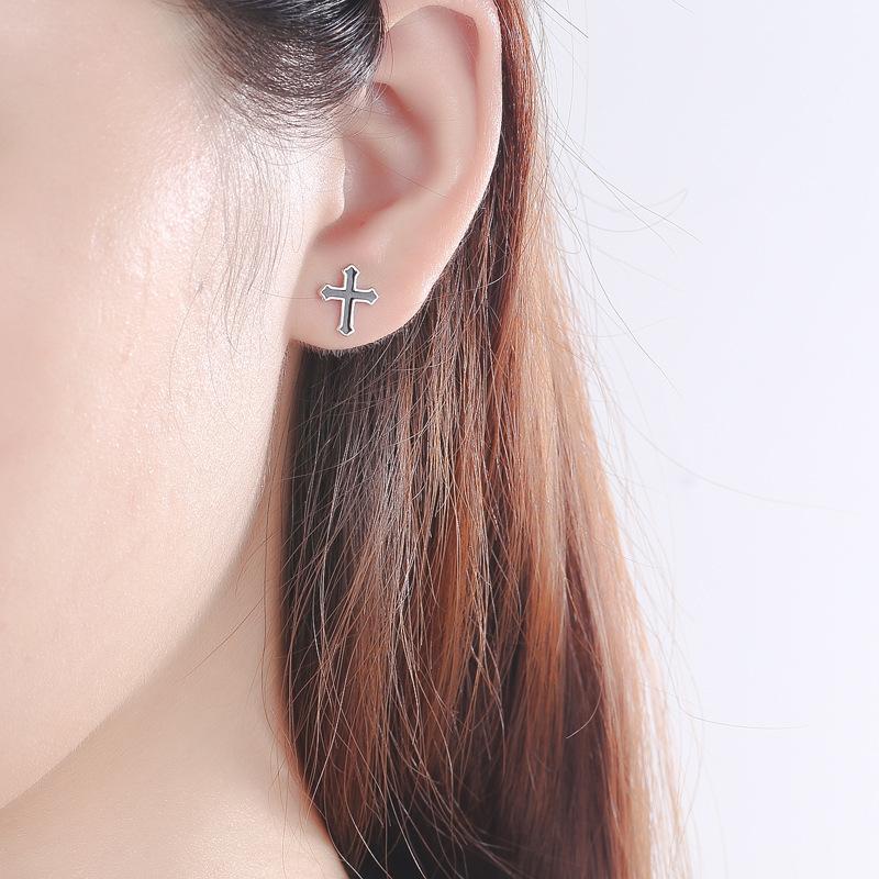 925 Silver Black Cross Stud Earrings For Woman Piercing Wedding Luxury Jewelry Accessories Money 925