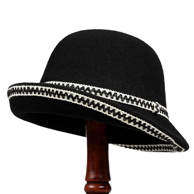 Xiaoxiangfeng retro contrasting webbing upturned top hat autumn and winter mother elegant warm wool knitted fisherman's basin hat