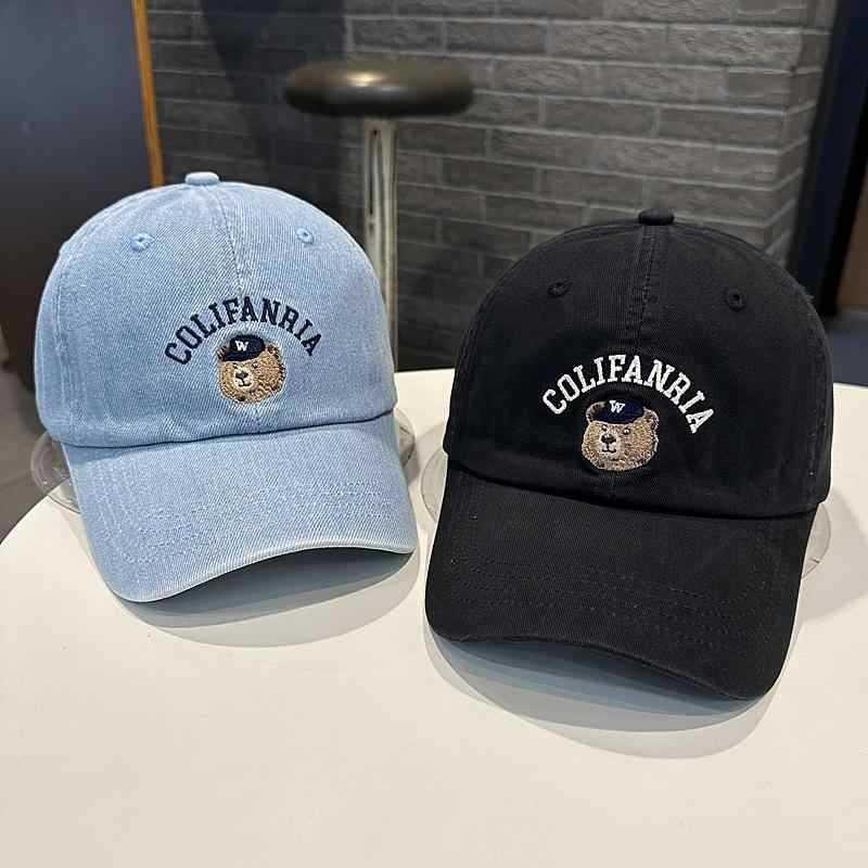 Women's Baseball Cap for Spring and Summer, Korean Style, Casual, with Bear Head and Letter Embroidery, Pure Cotton, Curved Brim, Denim Blue
