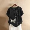 Summer Oversized Cotton and Linen Short-sleeved T-shirt, Cotton and Linen Butterfly Flower Printed Oversized Women's Clothing