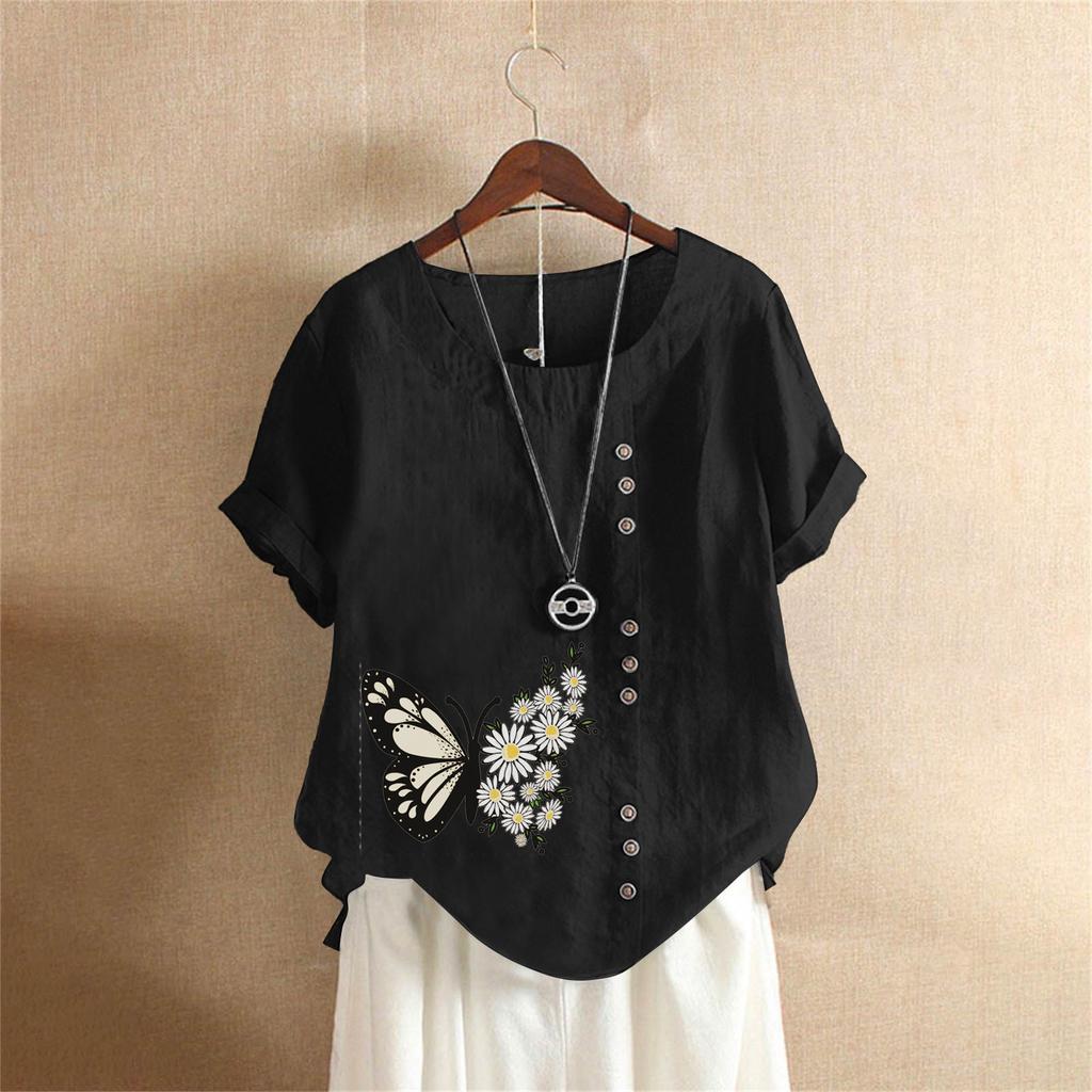 Summer Oversized Cotton and Linen Short-sleeved T-shirt, Cotton and Linen Butterfly Flower Printed Oversized Women's Clothing