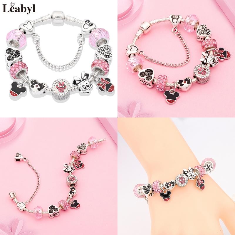 Potdemiel Pink Enamel Crystal Minnie Charm Bracelets Silver Color Heart Cartoon Bead Jewelry for Women Girl Gift