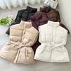 Autumn Winter Belt Slim Cotton Jacket Vest for Women Fashion Stand Up Collar Zipper Waistcoat Warm Sleeveless Quilted Coats