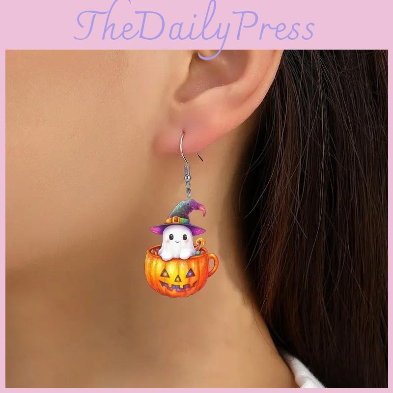Ghost Halloween Themed Pumpkin Pot Pattern Women Acrylic Earrings Festival For