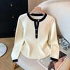 Blue Retro Contrasting Color Half-open Collar Long-sleeved Sweater for Women Autumn New Versatile Base Shirt Top