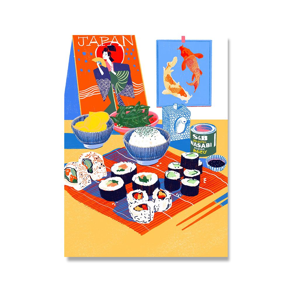 

Японские постеры с едой, настенные художественные принты на холсте, живопись суши, саке, фрукты, декоративная картина, скандинавское украшение для столовой 21*30cm