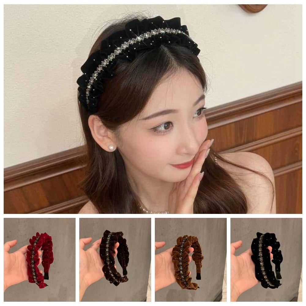 French Style Velvet Pleated Hair Hoop Sweet Women Sequin Hairband Shiny Rhinestone Headband  Party