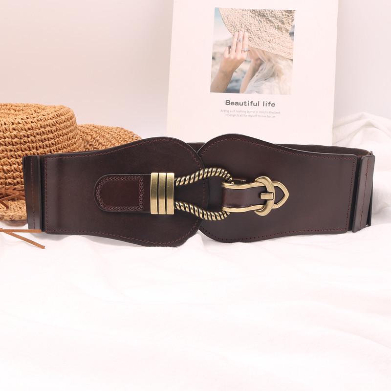 Women's Wide Elastic Leather Waist Belt - Retro Black Cowhide