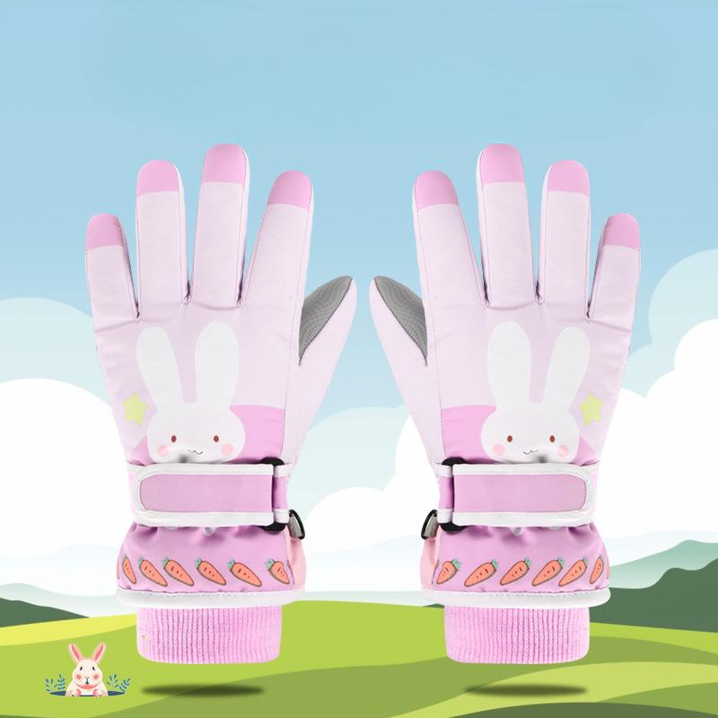 Girls' Cartoon Cotton Gloves Refer To The Pink Outdoor Ski Gloves for Primary School Students To Ride Bikes and Keep Warm In Winter