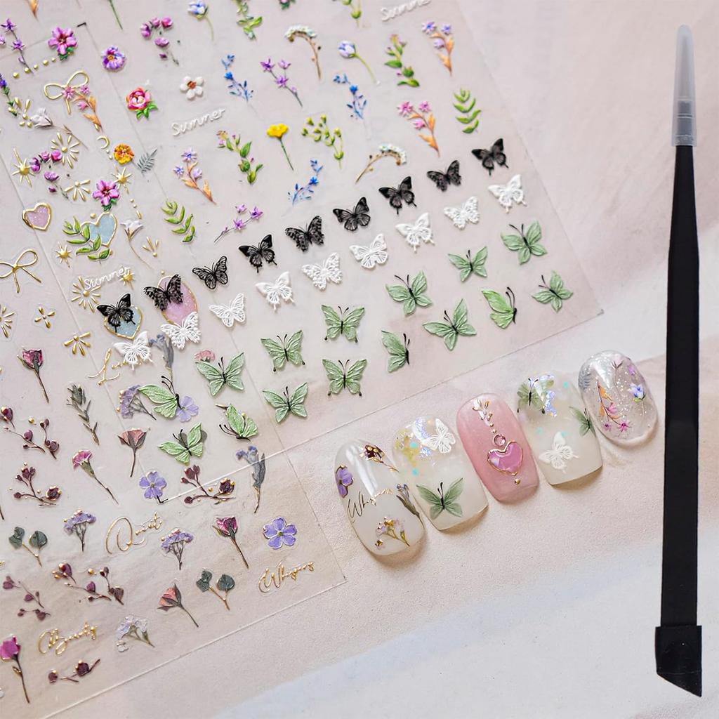 Flower Nail Stickers for Nail Art Decals Charms,5D Embossed Floral Butterfly and Heart Gem, Self-Adhesive 5 Styles Craft Nail Supplies 2 Sheets with